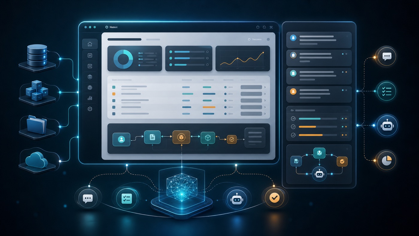 Business app workspace with collaboration, tasks, and AI agents integrated into the workflow