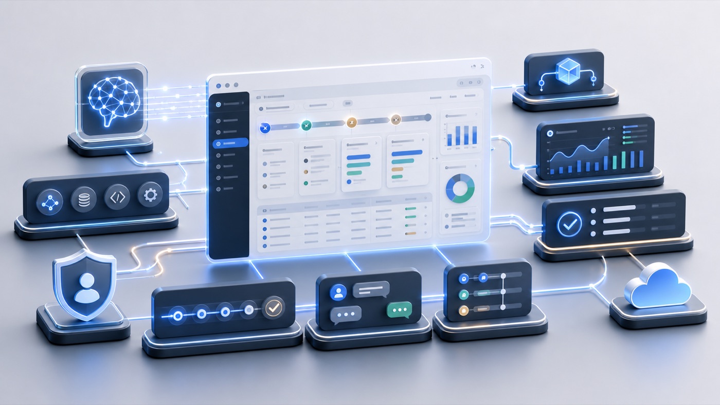 Aplicação empresarial moderna construída com IA, runtime, BFF, colaboração, observabilidade, auth e publicação